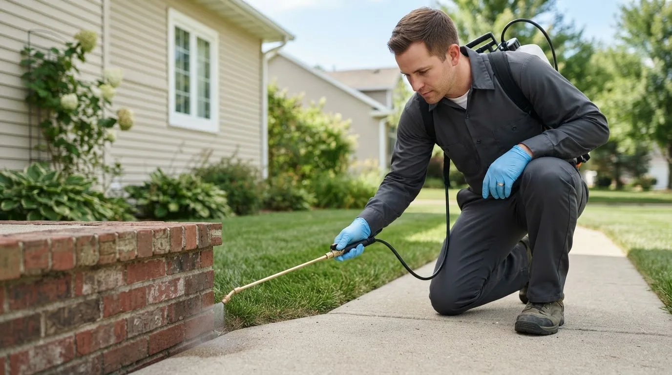 Pest control technician treating a home near Worcester, VT